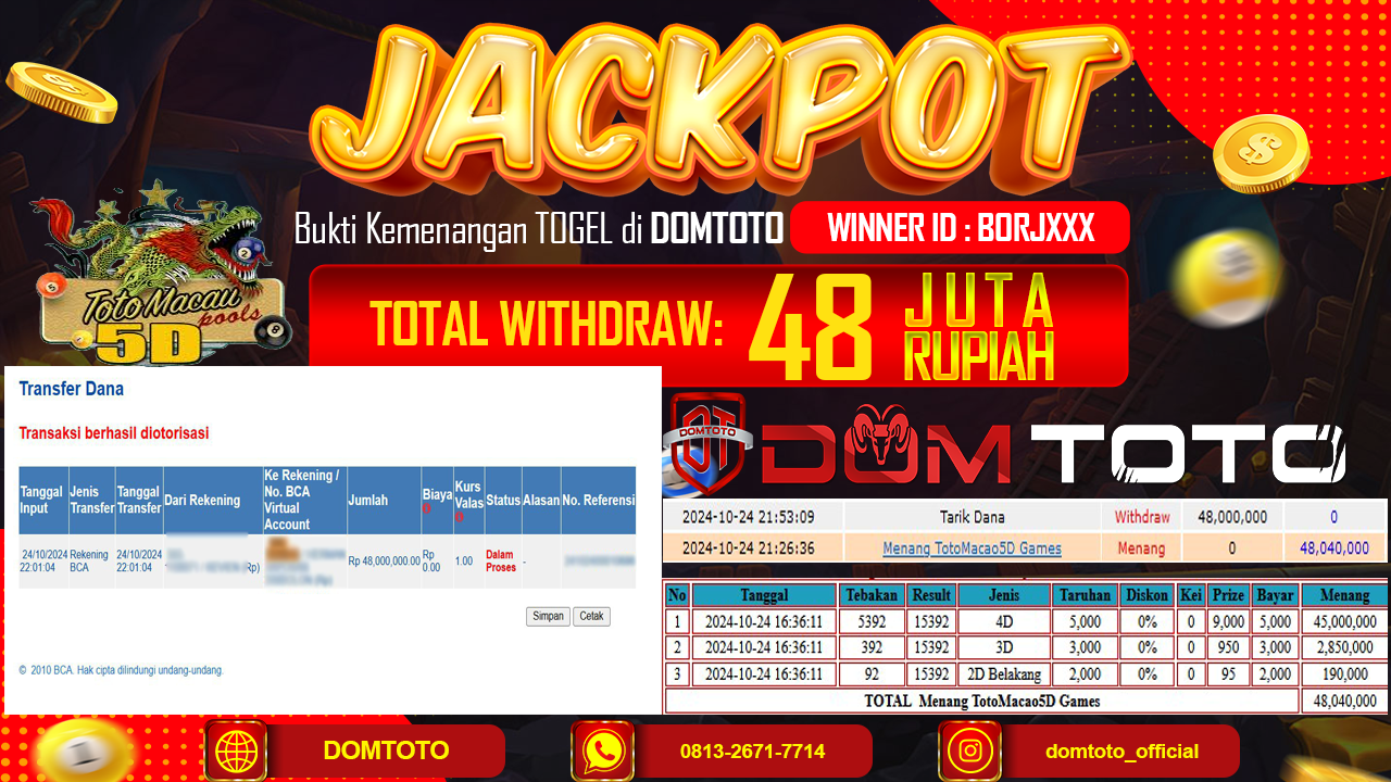 JACKPOT TOGEL TOTO MACAU 5D 24 OKTOBER 2024